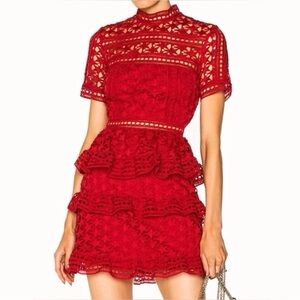Self-Portrait Red Guipure Star Lace Dress Size US 6 Tiered Mini Romantic